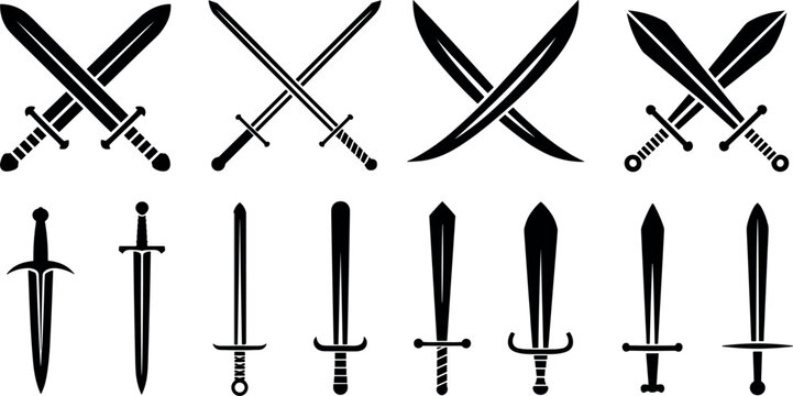 Art & IllustrationCrossed Swords and Medieval Dagger Silhouette Icon Set with Ancient Blades and Weapon Symbols for Gaming Combat and Historical Crest Designs