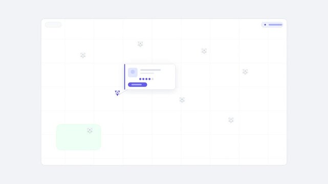 Wireframe map with numbered location pins dropping and an info card