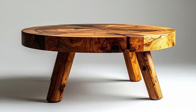 Round wooden side table with four sturdy legs and natural wood grain, minimalist home furniture, realistic product photography, isolated object