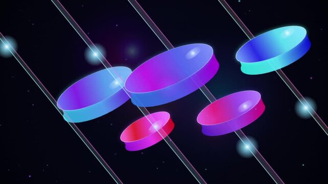 Abstract background with floating colorful 3d shapes and diagonal glowing light lines in dark space 4K Motion Video
