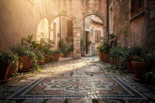 Charming Cobblestone Alleyway with Potted Plants in Quaint Mediterranean Village, Warm Sunlight Casting Long Shadows, Intricate Mosaic Patterns on Ground, Capturing Timeless Tranquility and Rustic