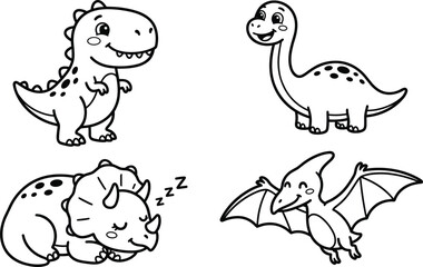 Cute Baby Dinosaur Line Art Vector Set with Cartoon Tyrannosaurus Rex Brachiosaurus Triceratops and Pterodactyl for Children Coloring Pages © Neel