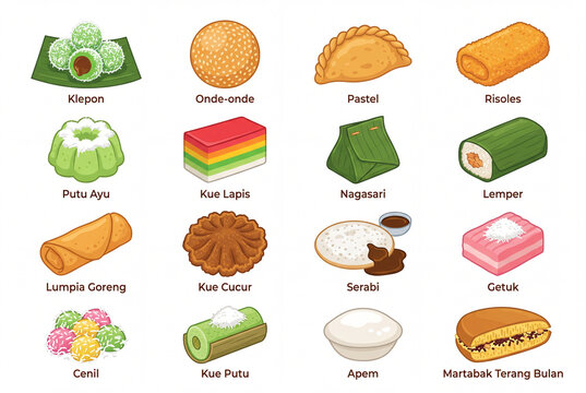 Indonesian traditional snack jajanan pasar complete set flat illustration, kue nusantara collection 16 items with klepon onde-onde pastel putu ayu on white background