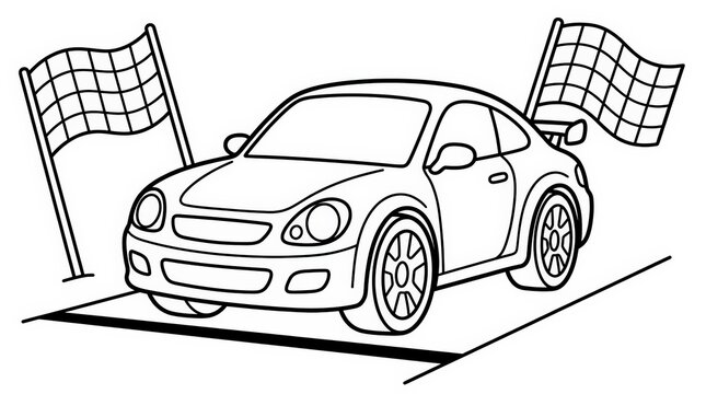Outline Drawing of Racing Coupe Car at Finish Line. Monochrome vector art depicting a speedy vehicle, perfect for sports-themed designs and children's activities.
