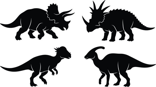 Ceratopsian and Hadrosaurid Dinosaur Black Silhouette Vector Set featuring Triceratops Styracosaurus Pachycephalosaurus and Parasaurolophus for Prehistoric Graphic Designs