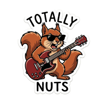 Funny cartoon squirrel rock star wearing sunglasses playing electric guitar with totally nuts text sticker.