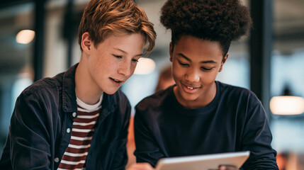 Obraz premium two boys collaborating on tablet in modern setting 