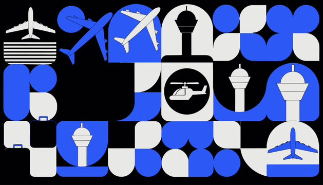 Modern Airport Iconography: Airplanes, Control Towers, Helicopter, Luggage on Geometric Blue and White Background