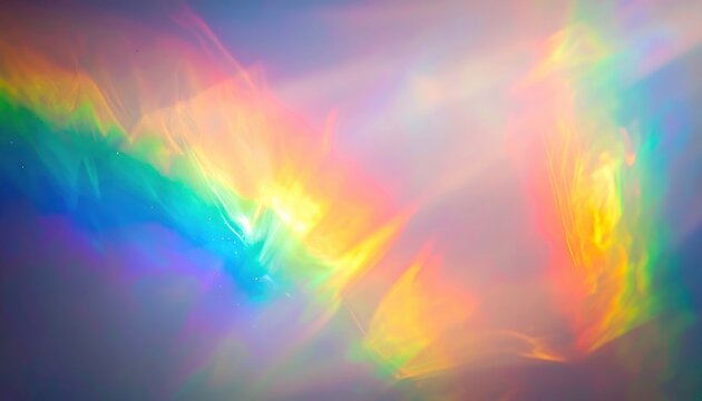Soft rainbow light leak with diffused spectral colors, subtle film grain, dreamy lens flare and atmospheric haze, modern abstract background