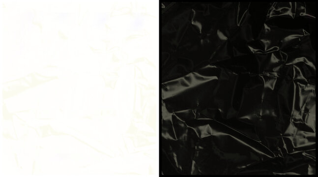 Crumpled plastic texture set, black and white wrinkled cellophane background, glossy distorted film overlay for graphic design