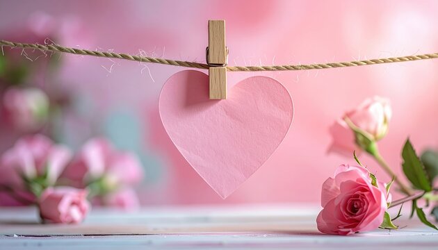 pink heart-shaped paper note pinned with wooden clothespin, romantic stationery, soft pastel aesthetic