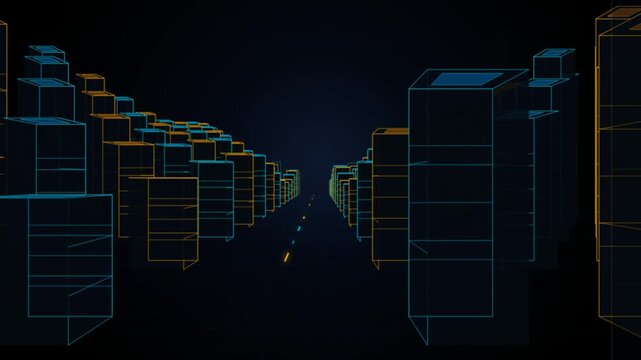 Abstract digital city skyline with glowing neon wireframe buildings and perspective lines on a dark background 4K Motion Video