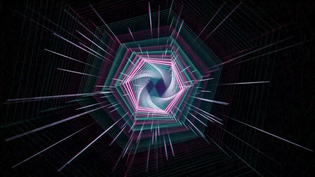 Abstract neon tunnel with glowing geometric pentagon shapes in pink and blue light moving through deep dark space 4K Motion Video