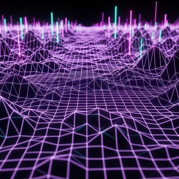 Futuristic digital network grid with glowing purple neon light trails and data flow visualization