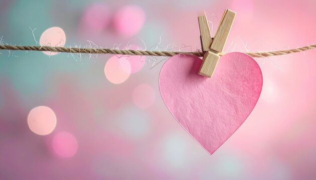 pink heart-shaped paper note pinned with wooden clothespin, romantic stationery, soft pastel aesthetic