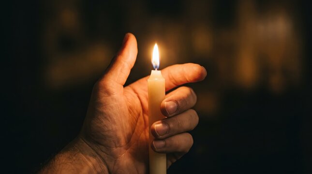 Hand holding a single lit candle in the darkness, symbolizing hope, faith, prayer, remembrance, and spiritual guidance during difficult times or religious ceremonies, warm flame