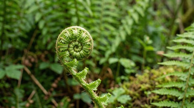 macro shot of a vibrant green fern fiddlehead unfurling in a lush forest, showcasing the intricate spiral pattern of new growth, symbolizing spring, renewal, nature's beauty