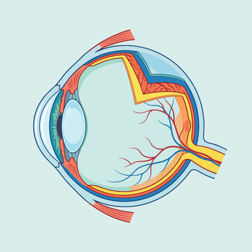 Human eye anatomical cross section showing cornea, lens, retina, optic nerve, iris and internal structures, clear medical illustration for anatomy, ophthalmology and vision education.