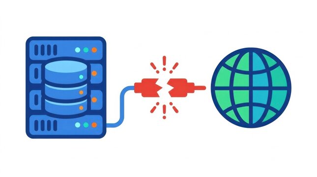 Illustration of a broken network connection between server and globe