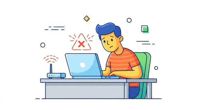 Man at desk with laptop facing internet connection problem illustration
