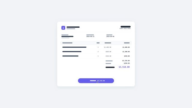 Wireframe invoice card with line items and payment status toggling