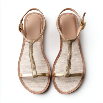 Pair of metallic gold flat summer sandals isolated on white background