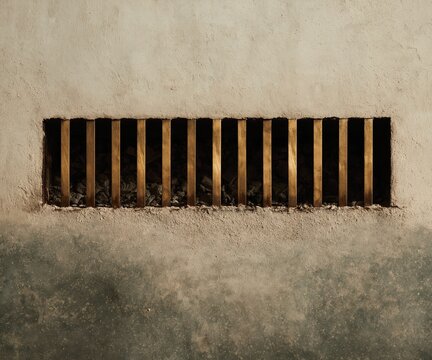 Brass fret bars across a fireplace opening with glowing embers and grey ash, featuring a rhythmic metallic texture for architectural and interior design backgrounds