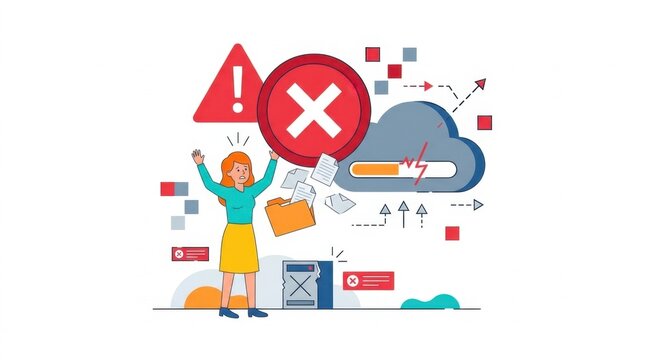 Illustration of a woman stressed by cloud sync failure and data error