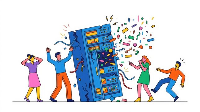 Illustration of people panicking over an exploding server rack