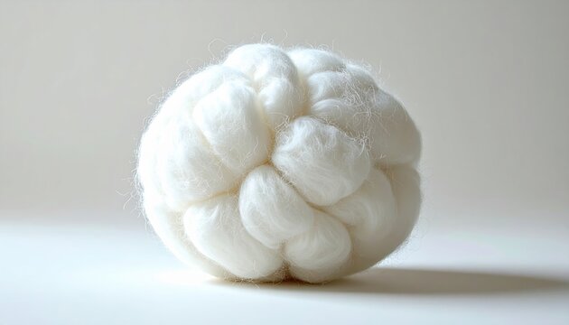 Soft fluffy white cotton wool ball with delicate fibers, clean studio lighting, soft textile material texture, minimalist background