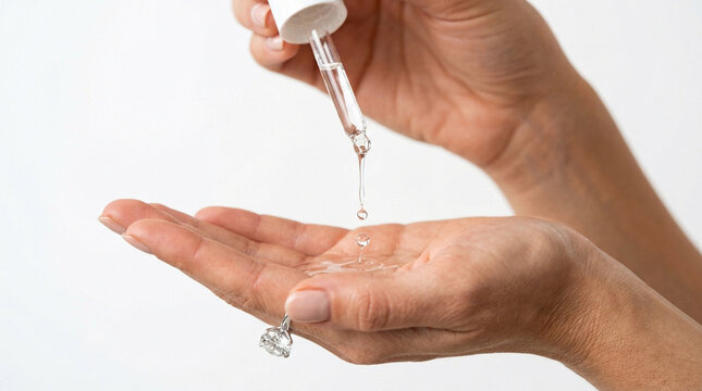 Cosmetic serum dripping from pipette into palm