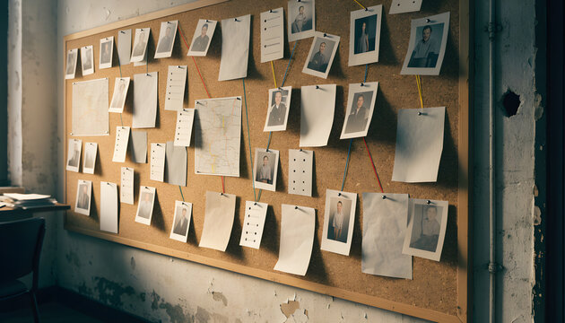 Unsolved criminal investigation case board with evidence