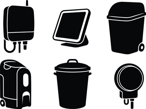 Set of black and white icons representing various household appliances and waste management containers for home use