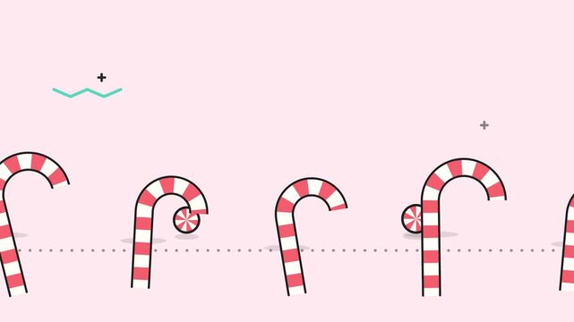 Candy canes hopping past rolling peppermints on pink ground