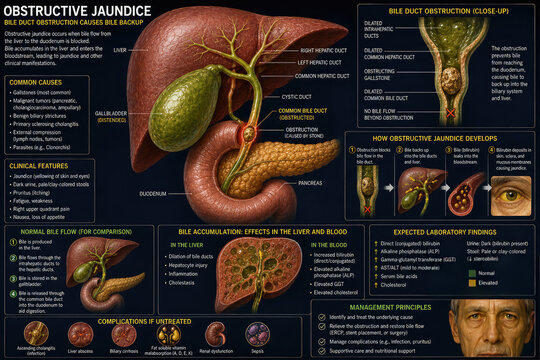 Obstructive Jaundice Medical Infographic with Bile Duct Obstruction, Gallstone and Liver Anatomy