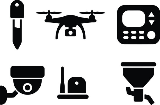 Set of black flat icons representing modern technology surveillance equipment and various advanced electronic monitoring devices
