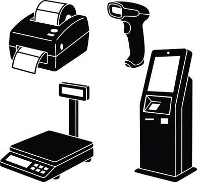 Set of retail store equipment including a barcode scanner label printer digital scale and self service kiosk