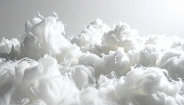 soft white synthetic polyester stuffing fluff, lightweight fiber texture, cloud-like appearance, clean studio background