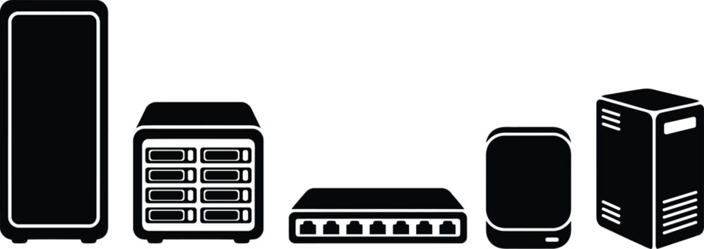 Set of black and white icons representing various computer hardware components and data center server equipment