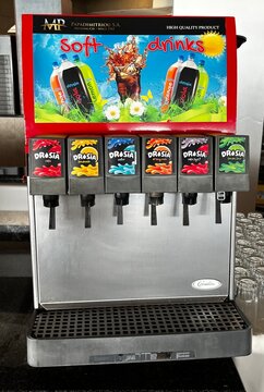 Greece, Rhodes, August 24. 2026, Cornelius postmix beverage vending machine featuring Drosia soft drinks from Papadimitriou SA