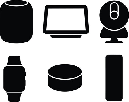 Set of black silhouette icons representing various modern smart home devices and personal consumer electronics technology