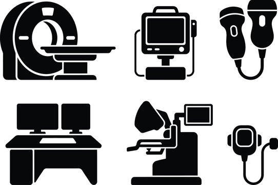 Set of medical diagnostic equipment icons including MRI scanner ultrasound machine and patient monitoring systems for healthcare