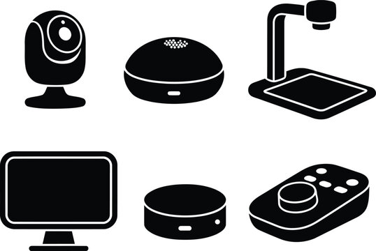 Set of black silhouette icons representing various modern office technology and digital communication equipment for business