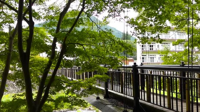 Kurenai Suspension Bridge and River Stream in Shiobara Onsen Resort, Nasushiobara, Tochigi, Japan
