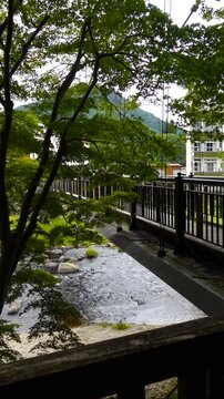 Kurenai Suspension Bridge and River Stream in Shiobara Onsen Resort, Nasushiobara, Tochigi, Japan