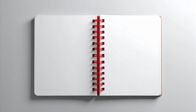 blank spiral notebook with red wire binding, clean stationery mockup, realistic paper texture, minimal studio composition