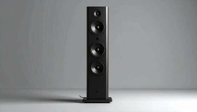 Tall black speaker column with premium high-fidelity design, realistic home audio equipment photography, isolated object