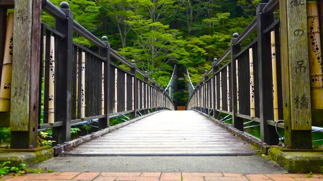 Kurenai Suspension Bridge and River Stream in Shiobara Onsen Resort, Nasushiobara, Tochigi, Japan