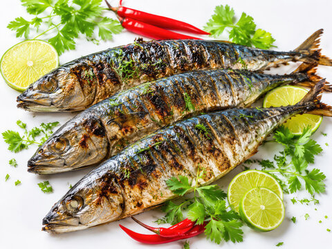 Grilled Mackerel Fish with Lime, Chili and Fresh Herbs on White Background