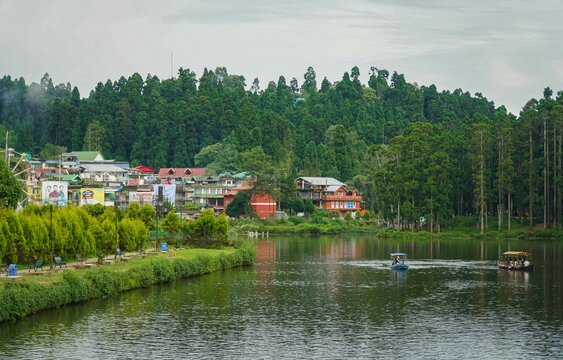 Mirik Lake Darjeeling with Boats and Pine Forest in West Bengal